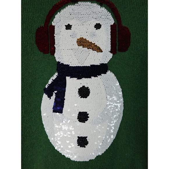 H&M Unisex Christmas Sweater Size 8 Green Snowman Penguins Sequins Long Sleeve - Picture 6 of 13